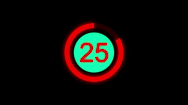30 Second circular countdown animation from 30 to 0. 30 second countdown timer with shrinking red circular frame.
