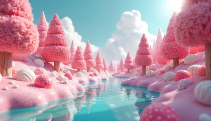 Pink candy forest with aqua river flows through sugary landscape. Sweet trees and marshmallow rocks create a dreamy, whimsical world for fantasy and dessert themes.