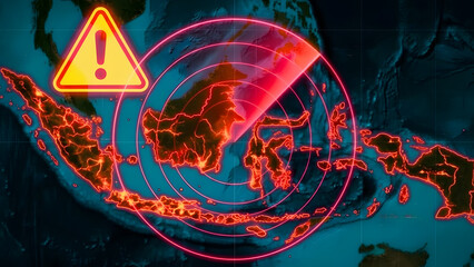A glowing warning sign on a world map with a radar alert system, indicating a potential threat or danger. This image conveys a sense of urgency and crisis, for illustrating emergency response.