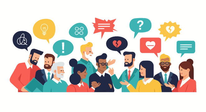 Diverse group of people exchanging ideas and expressing feelings in speech bubbles concept