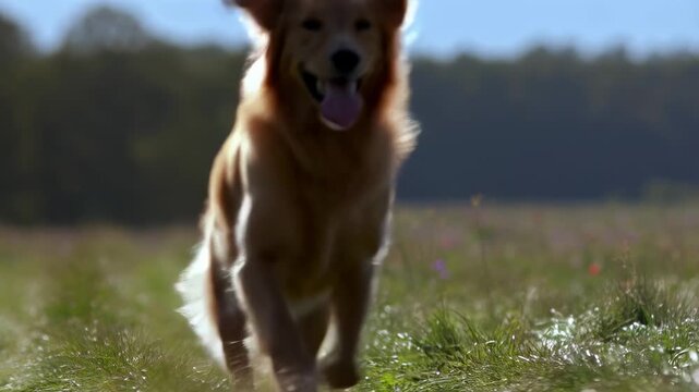 Golden Retriever Zoomies: Happy Dog Runs in Sunny Field