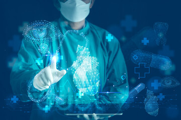 Futuristic doctor utilizing artificial intelligence holographic interface to analyze heart, brain, and DNA data for precision medical diagnosis