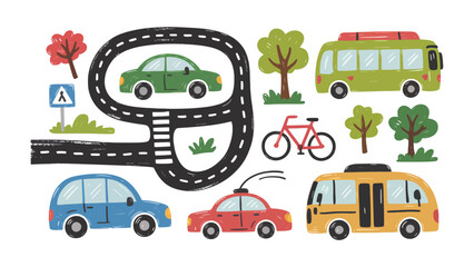 Transportation Town: A whimsical illustration showcases the vibrant world of transportation. A playful composition includes various modes of transport.