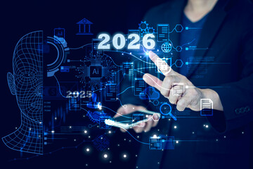 A businessman's hand pressing a virtual button on a digital touch screen interface symbolizing future global technology connection