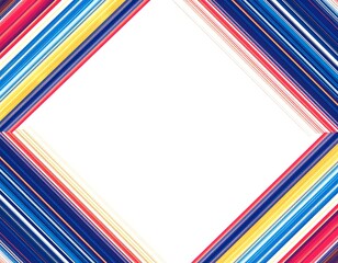 Angled, colorful stripes surround a white square space. Abstract geometric pattern
