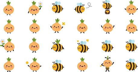 Charming pattern featuring adorable kawaii style onions and bees with delightful expressions and