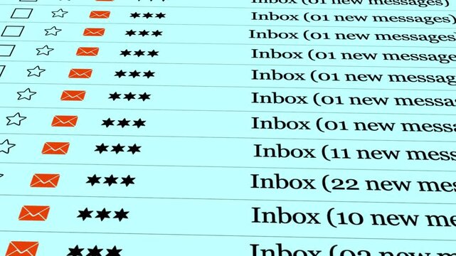 Inbox unread email list with red envelope icons and notification text, digital communication interface for business mailing.