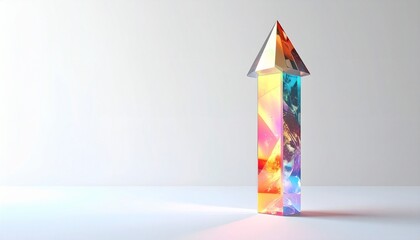 Translucent prism arrow pointing upward-right with iridescent glow on light gradient background.