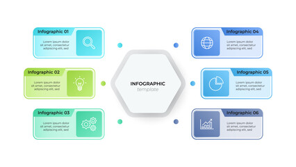 Minimalist 6 option infographic layout for corporate presentations. Circular flow diagram with Icons and text placeholders. Vector illustration.