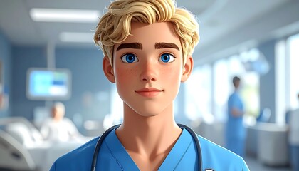 Digital portrait of a young, male healthcare worker, depicted with blue eyes and blond hair, posing in a medical setting