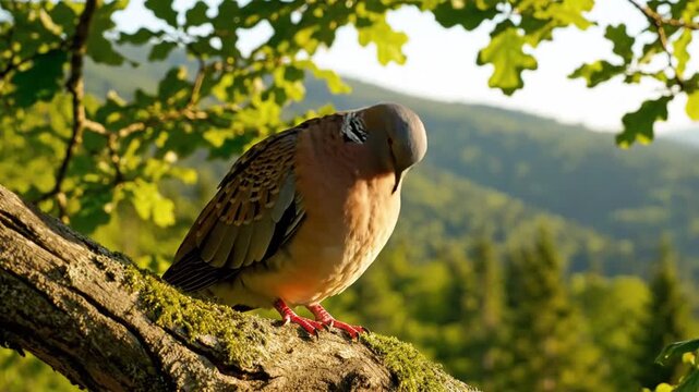 A turtle dove, perched on a mossy branch, with a lush green forest backdrop