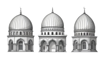 Fototapeta premium Architectural Symphony: A meticulously crafted illustration presents three grand mosque domes, showcasing the timeless elegance of Islamic architectural elements, evoking a sense of history.