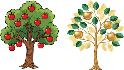 Obraz premium Cartoon apple tree, golden apple tree, stylized foliage, fantasy orchard, red apples, shiny fruits, nature illustration, decorative trees, vibrant design