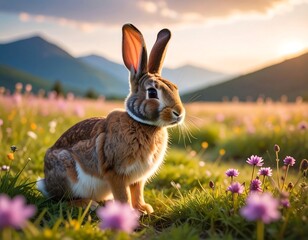 Brown rabbit sitting in a meadow of wildflowers at sunset