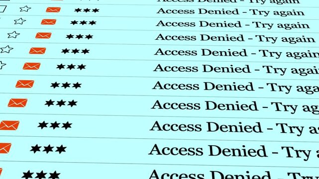 Access denied try again text on digital email inbox interface, online security alert and private data protection concept.