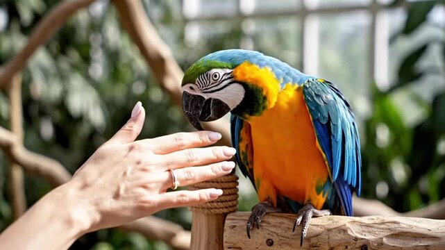 A Macaw Parrot Interacts With a Human Hand in a Lush, Green Environment