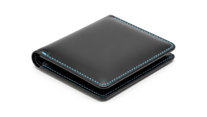 Black leather wallet with blue stitching on white background
