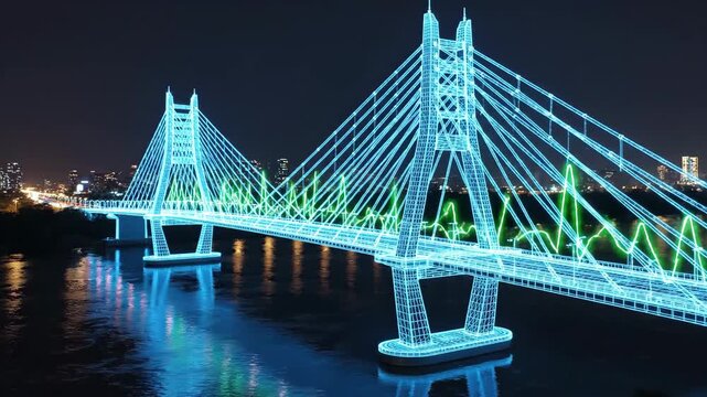 Exploring a Nighttime Cable Bridge Lighting and River Reflections