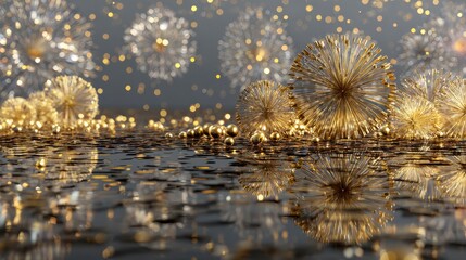 A close-up view presents golden spheres against a dark, shimmering background, suggesting a luxurious celebration with bokeh effects