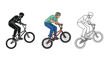 Obraz premium BMX freestyle riders performing tricks in silhouette, color illustration, and outline