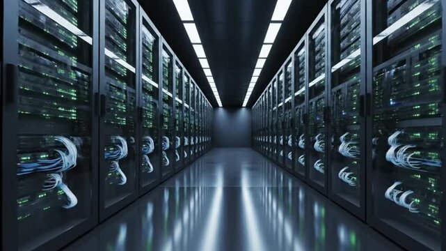 High-performance data center with endless rows of gleaming server racks, symbolizing robust digital infrastructure and vast networked computing capabilities