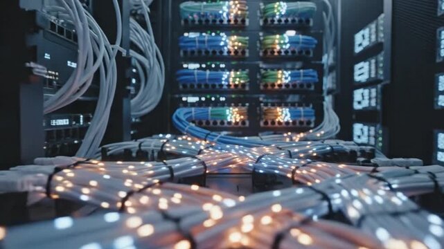 Intricate glowing fiber optic cables and server racks define a modern data center, powering high-speed global internet connectivity