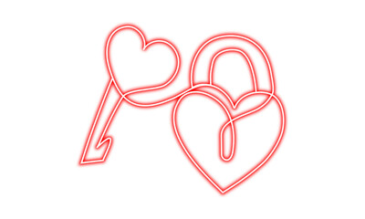 Neon sign of a heart and a lock with a key on transparent background