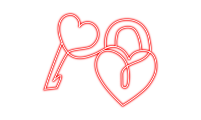 Neon sign of a heart and a lock with a key on transparent background