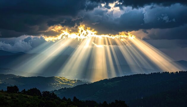 Dramatic Sun Rays Breaking Through Storm Clouds Over Mountain Landscape.