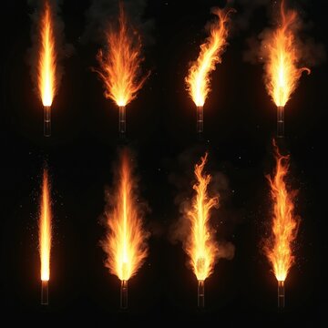Eight different muzzle flash or tracer fire effects with bright orange flames against black background. Sparks fly from some flares showing motion and energy.