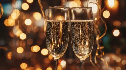 Close-up of two champagne flutes clinking, filled with sparkling liquid, against a blurred background of festive lights and decorations