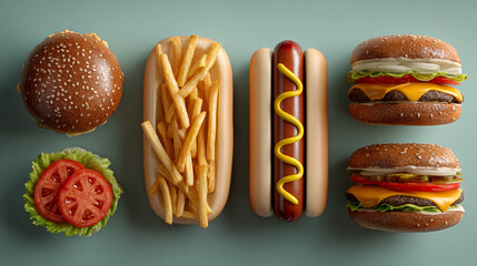 Minimalist Top-Down View of Classic Fast Food: Burger, French Fries, Hot Dog, and Ingredients on a Light Green Background