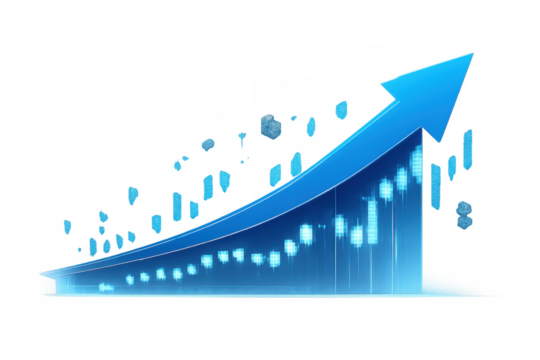 Blue rising arrow with glowing financial graph showing growth, profit, data analysis, and success on transparent background - Powered by Adobe