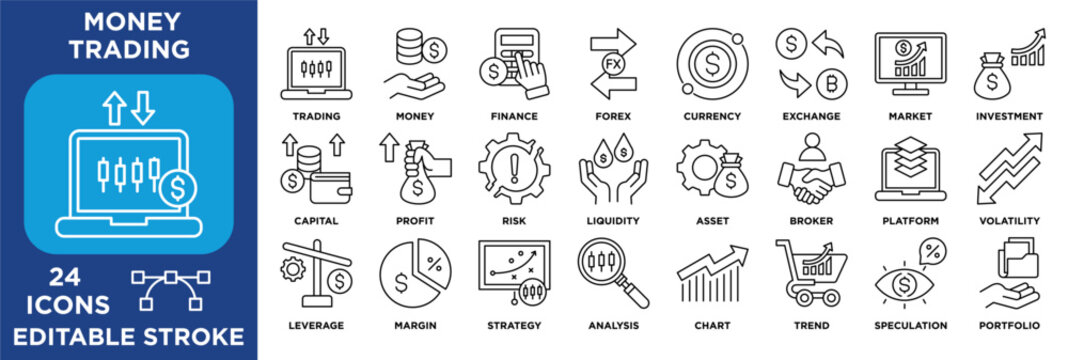 Money trading icon collection set. Containing finance, forex, investment, profit, risk, market analysis, assets, liquidity, and portfolio concepts. editable vector