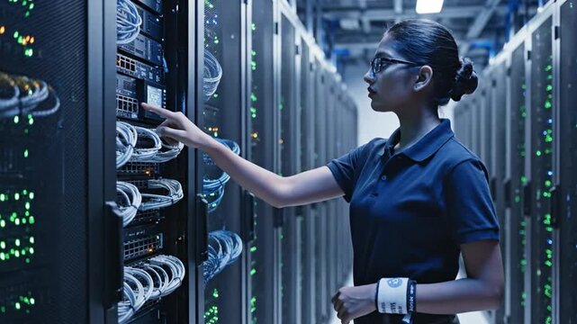 Female IT engineer managing complex server systems in a secure data center environment, ensuring optimal performance and network operations