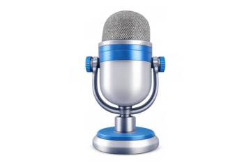 Retro condenser microphone with blue accents for recording, podcasting, broadcasting, and voice studio production on transparent background