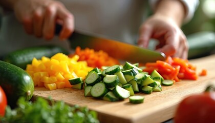 Person chops fresh vegetables like cucumber yellow pepper and tomato on wooden board for healthy meal preparation. Food preparation for salad or cooking.