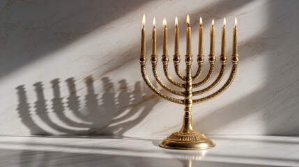 A golden candelabrum with lit candles, set against a marble backdrop with shadows. It's a symbolic representation of a religious holiday