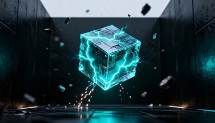 Futuristic neon blue glowing cube with circuit board in dark room