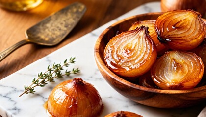 Caramelized Onion in Wooden Bowl on Marble Board