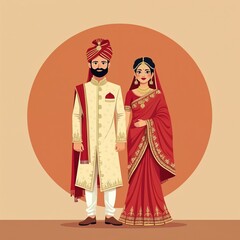 Obraz premium Indian bride in red sari and groom in cream sherwani stand together. Couple wears traditional Hindu wedding attire with ornate details. Illustration art for invitations and cultural designs.