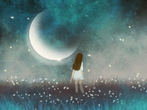 A long-haired young woman in a white dress is walking in a meadow under a crescent moon, an illustration conveying a sense of calm and serenity.