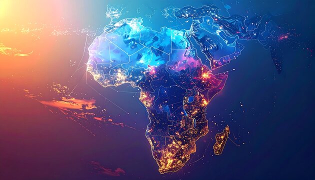 Digital rendering of the African continent with city lights illuminating night from space. Orange hues frame the water and the land