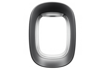 Airplane window porthole frame isolated on transparent background, flying travel concept, aviation journey view