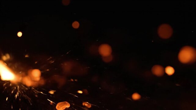 slow motion extreme close up of fiery metal sparks molten steel droplets bursting and drifting glowing embers macro perspective dark background strong warm highlights shallow depth ultra realistic par