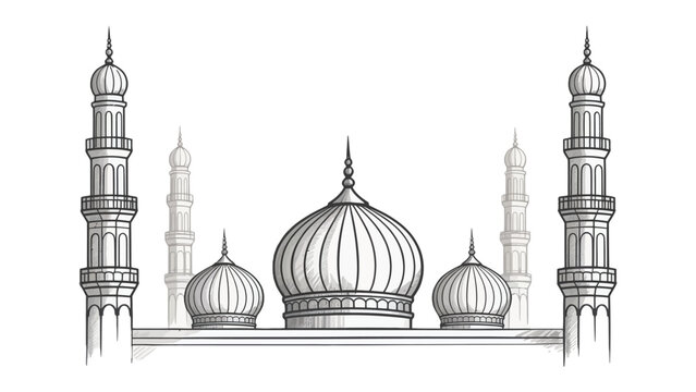 Architectural Serenity: An intricate line drawing presents the elegant silhouette of a majestic building, showcasing its dome and minaret under a clear sky.