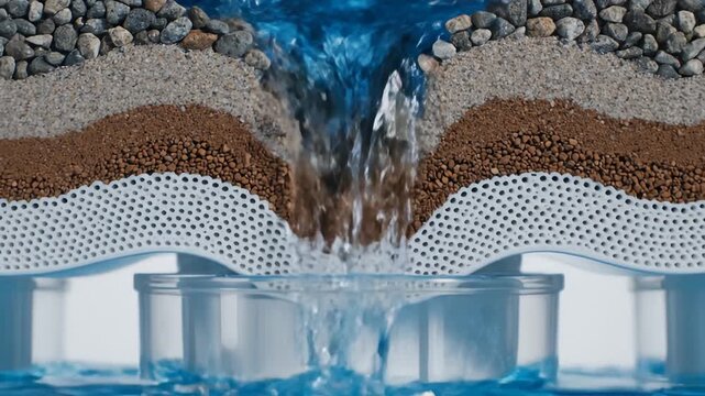 Water Filtering Through Layers of Rocks, Sand, and Filtration Grid