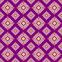Bohemian Purple Tribal Seamless Pattern with Golden Geometric Shapes, Decorative Ethnic Wallpaper and Upholstery Fabric Design for Home Decor