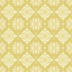 Elegant Gold and White Luxury Damask Seamless Pattern, Vintage Royal Floral Ornament for Classic Textile Fabric, Wallpaper and Wedding Invitation Background.