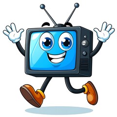 Animated cartoon of a smiling retro TV with arms, legs, and antennas